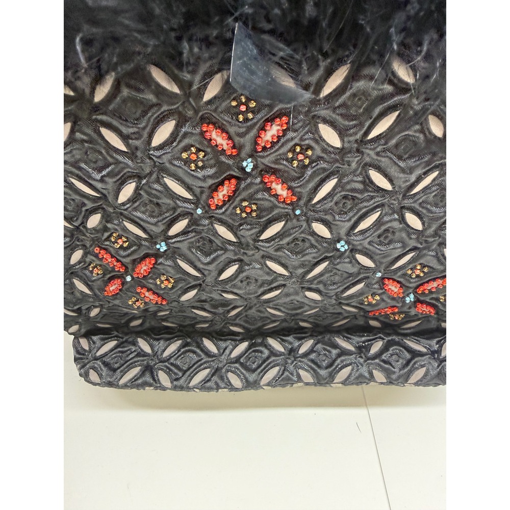 Vintage Black Lattice Beaded Feather Trim Shoulder Bag Evening Handbag